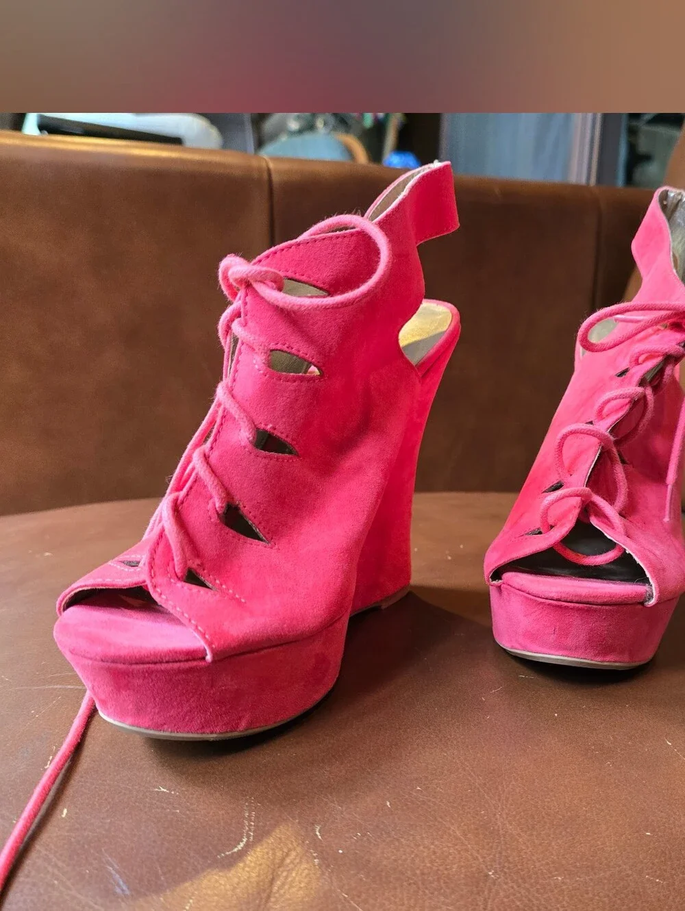 Charlotte Russe Hot Pink Lace-Up Suede Wedge Sandals
